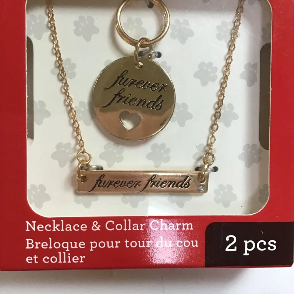 Furever Friends Gold Tone Necklace &‎ Pet  Collar Charm Set NWT